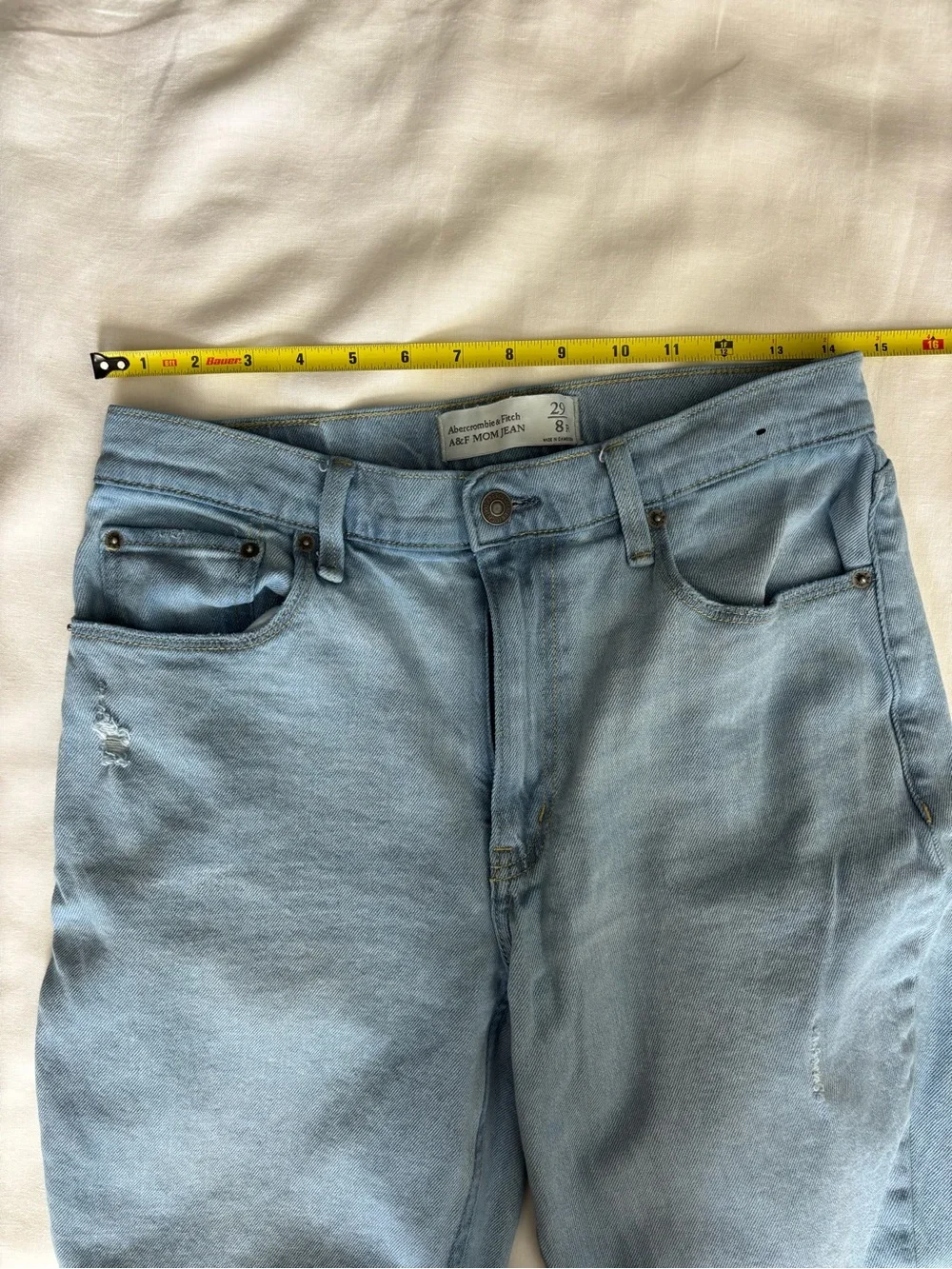 Abercrombie & Fitch A&F Mom Jeans High Rise Distressed Raw Hem Light Wash